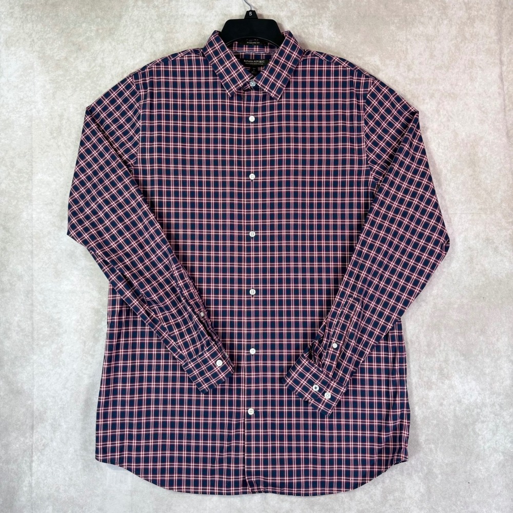 Banana Republic Shirt Mens Large Tall Navy Red Plaid Non-Iron Standard Fit Prep